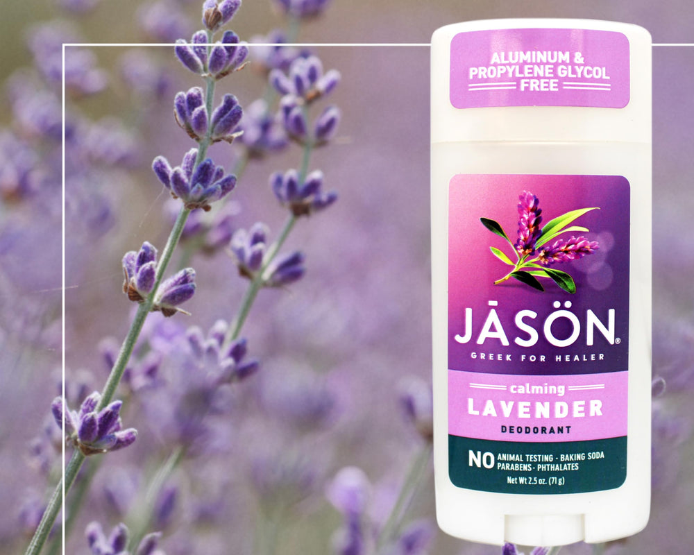 JĀSÖN Calming Lavender Deodorant Stick packaging on shelf with eco-friendly branding