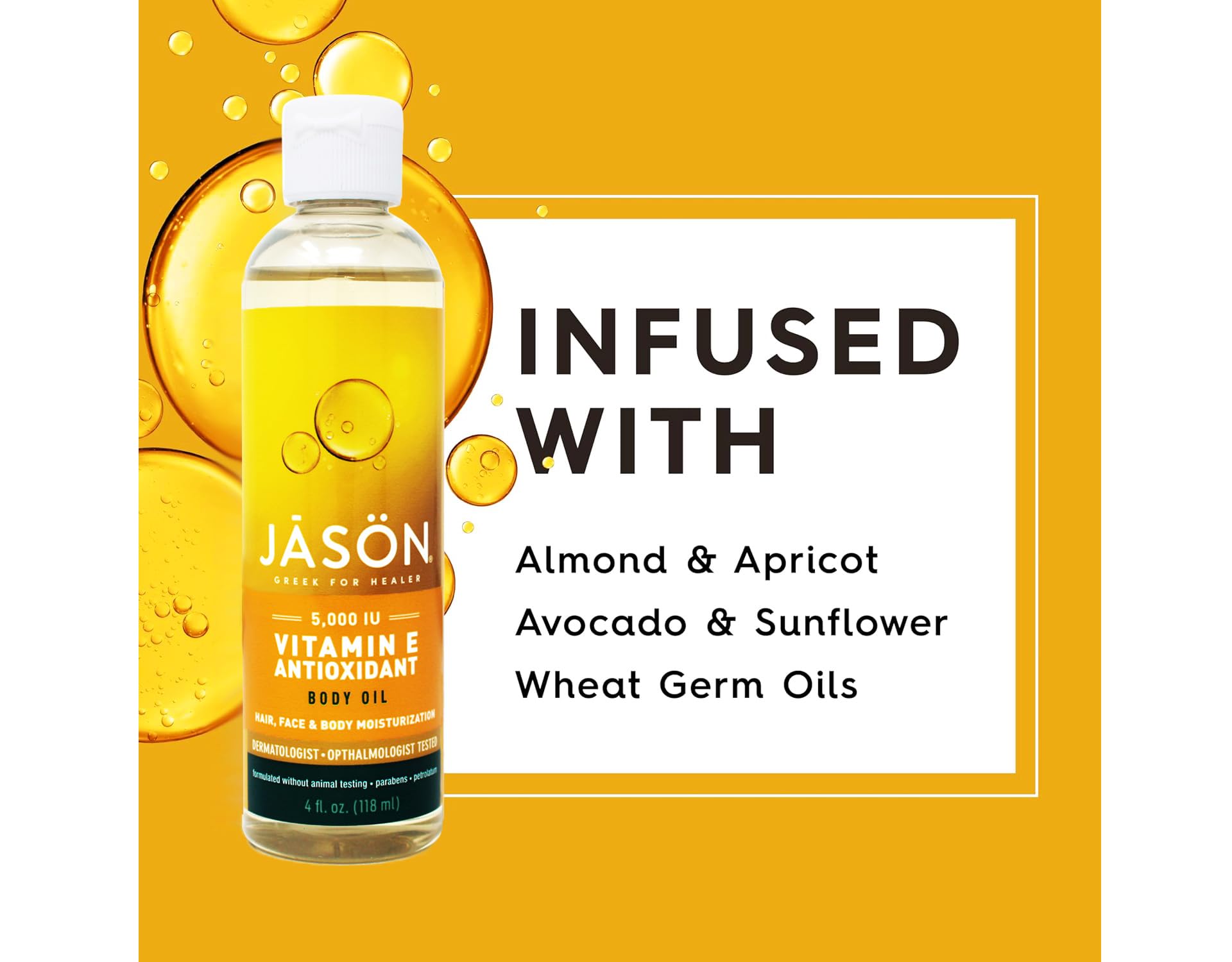 Jason Vitamin E Oil with Leaping Bunny logo signaling cruelty-free appeal