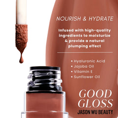Jason Wu Good Gloss GG03 Peach Cobbler swatches on arm reveal color and moisture.