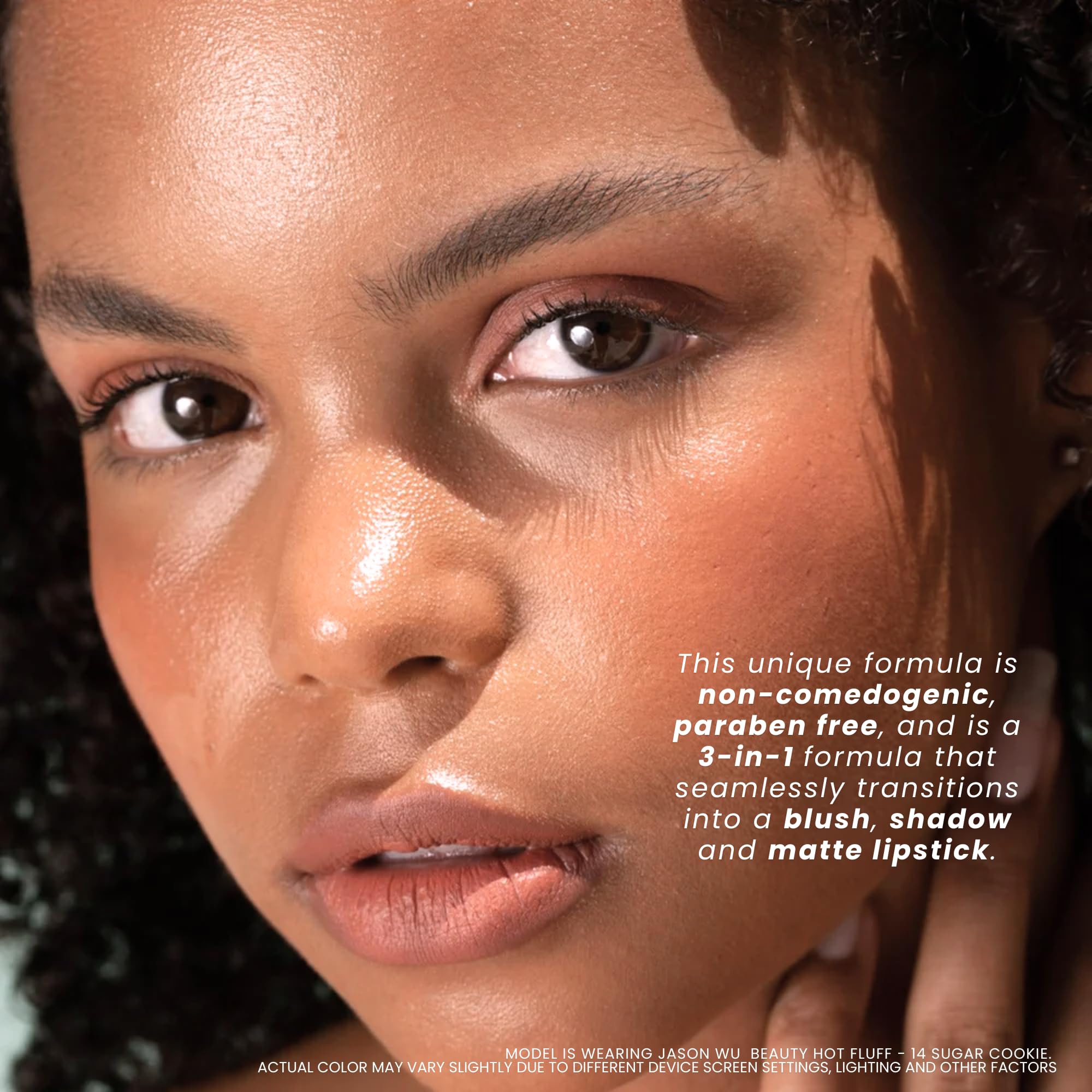 Jason Wu Hot Fluff monochrome look across lips, cheeks, and eyes in Sugar Cookie.