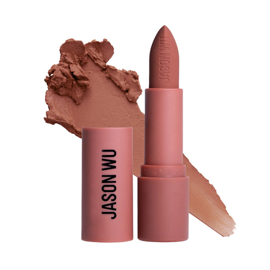 Jason Wu Hot Fluff Nutmeg Spice lip swatch shows weightless matte color.