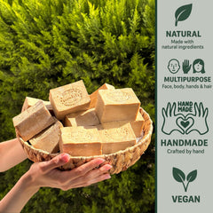 Jatisse Aleppo Soap bar used on hands and body for cleansing and softness.