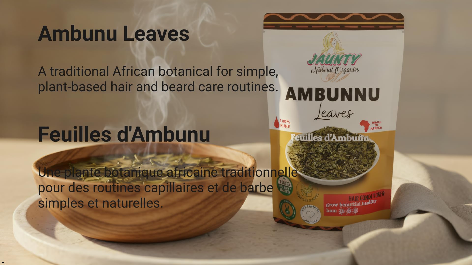 Jaunty Organics Ambunnu leaves conditioner care for softer hair.
