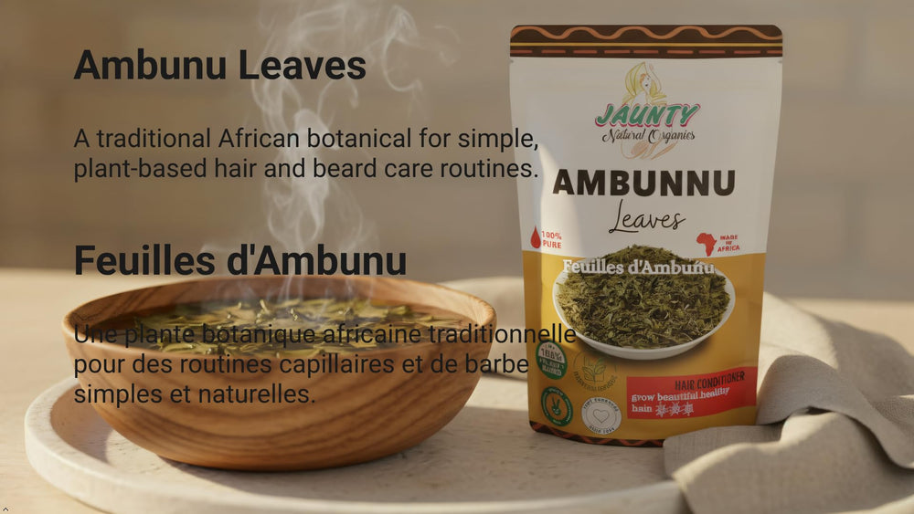 Jaunty Organics Ambunnu leaves conditioner care for softer hair.
