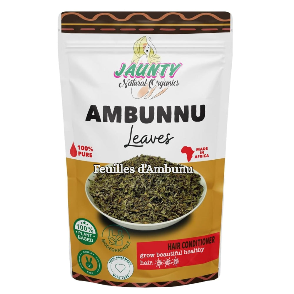 Jaunty Organics Ambunnu leaves pack shot highlighting natural hair care benefits.