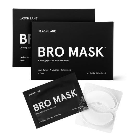 JAXON LANE Bro Mask packaging with under-eye patches delivering hydration and anti-puffiness.