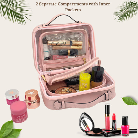 JAZD Clear Makeup Bag Pink durable saffiano leather for long-lasting travel use