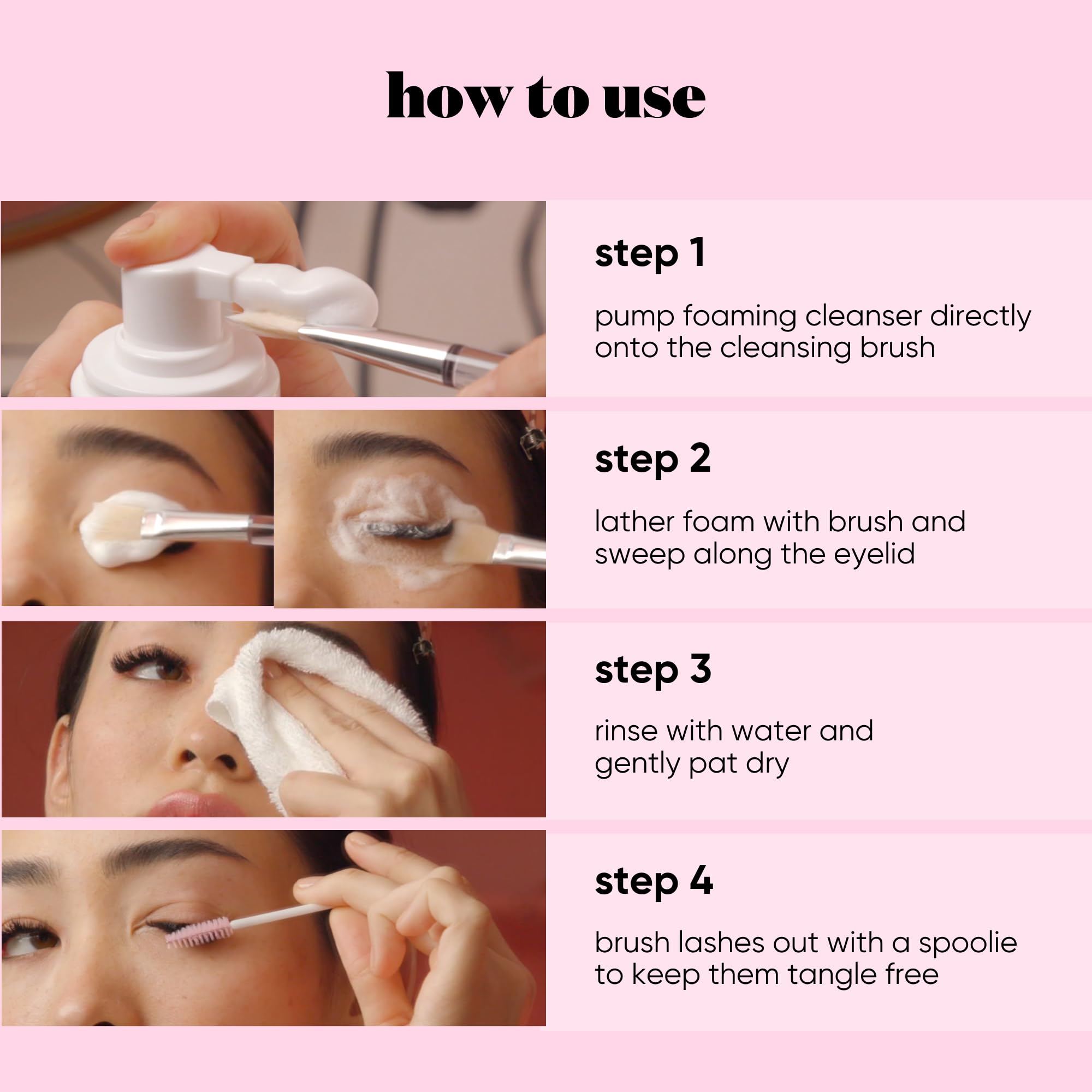 JB LASHES eyelid cleansing foam in action along lash line for clean extensions.