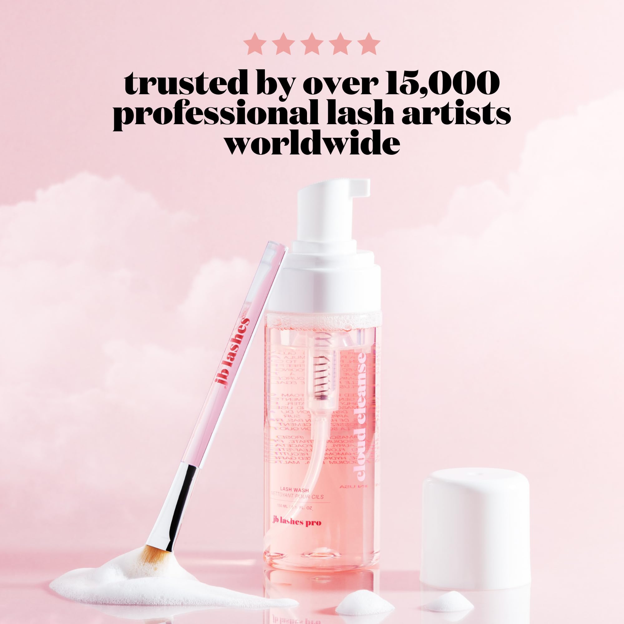 JB LASHES 5.1 oz bottle on vanity for daily lash care.