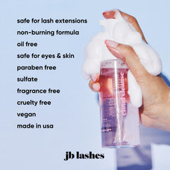 JB LASHES foaming lash cleanser bottle with pump shown beside makeup removal.