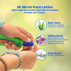 JB SKRUB lotion texture close-up showing fast-absorbing, lightweight formula