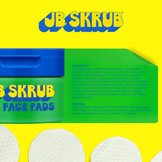 Close-up of JB SKRUB Face Pads on hand for quick on-the-go cleansing.