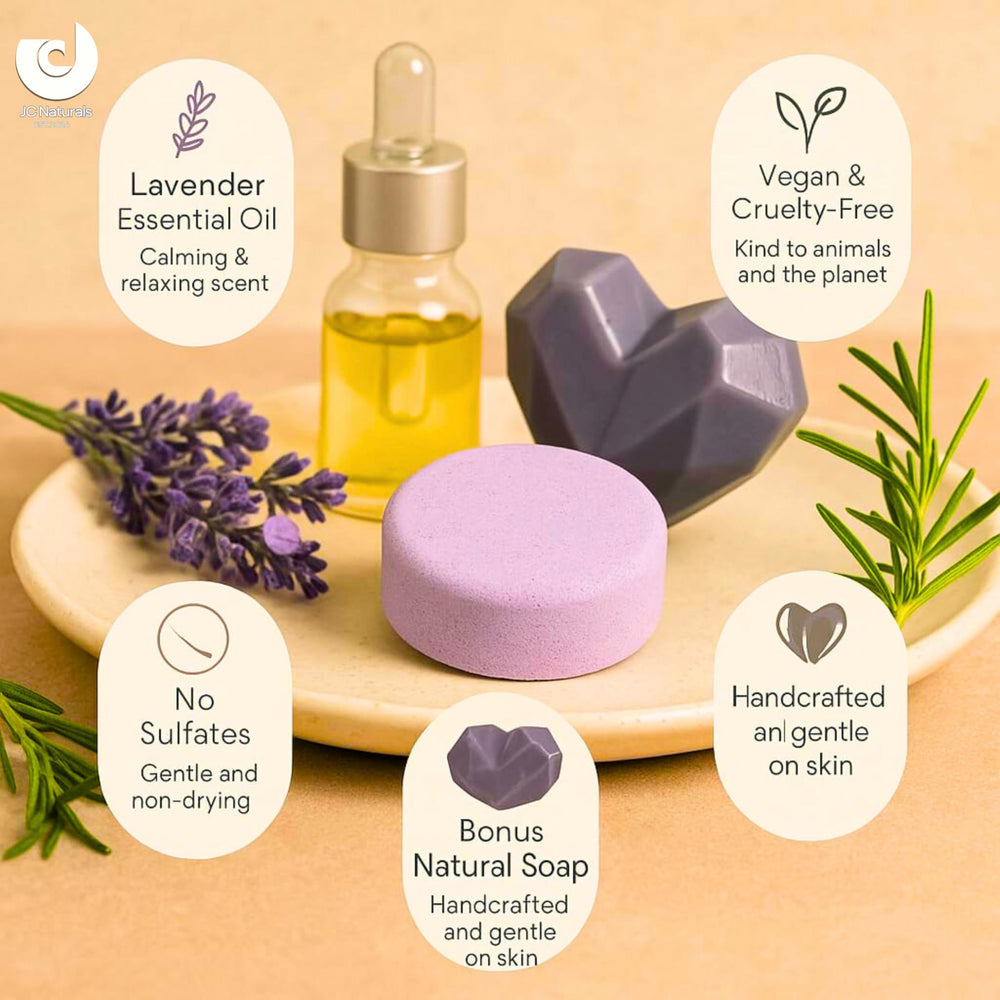 Drop of lavender essential oil from JC Naturals highlighting natural ingredients