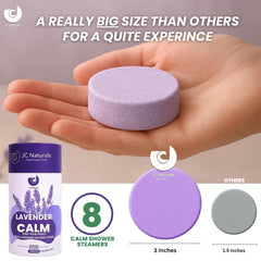 Closeup of JC Naturals Lavender Shower Steamer XL highlighting lavender essential oil