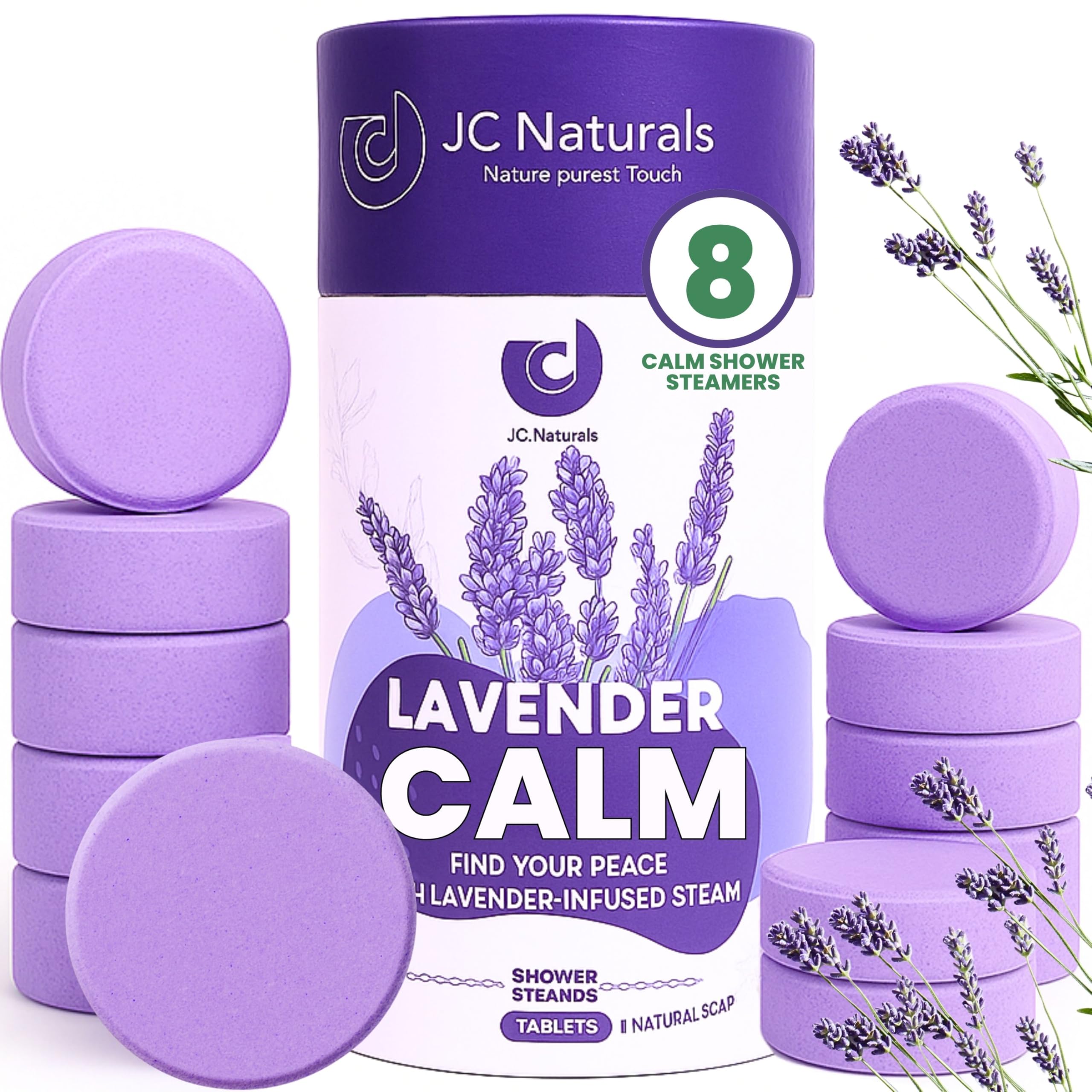 JC Naturals Lavender Shower Steamer XL package releasing a calming aroma for a spa-like shower