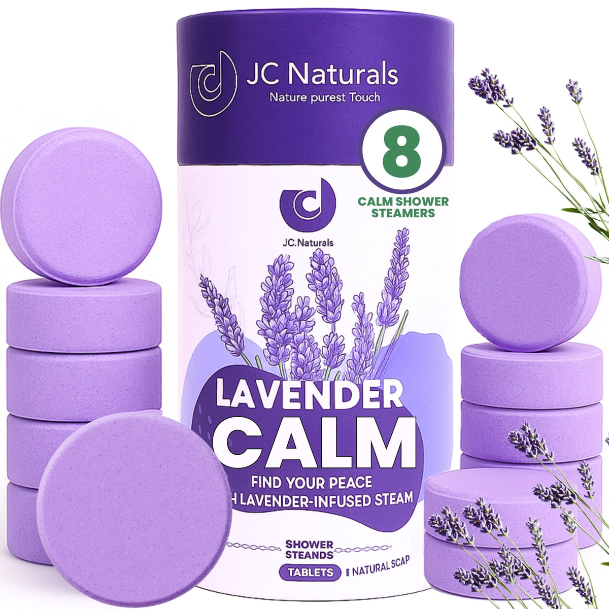 JC Naturals Lavender Shower Steamer XL package releasing a calming aroma for a spa-like shower