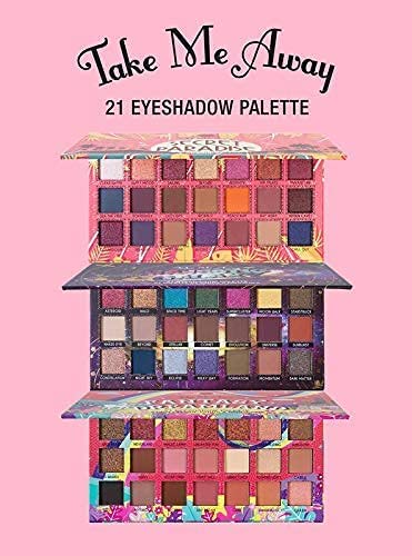 J.CAT BEAUTY Take Me Away palette layout featuring 21 versatile shades