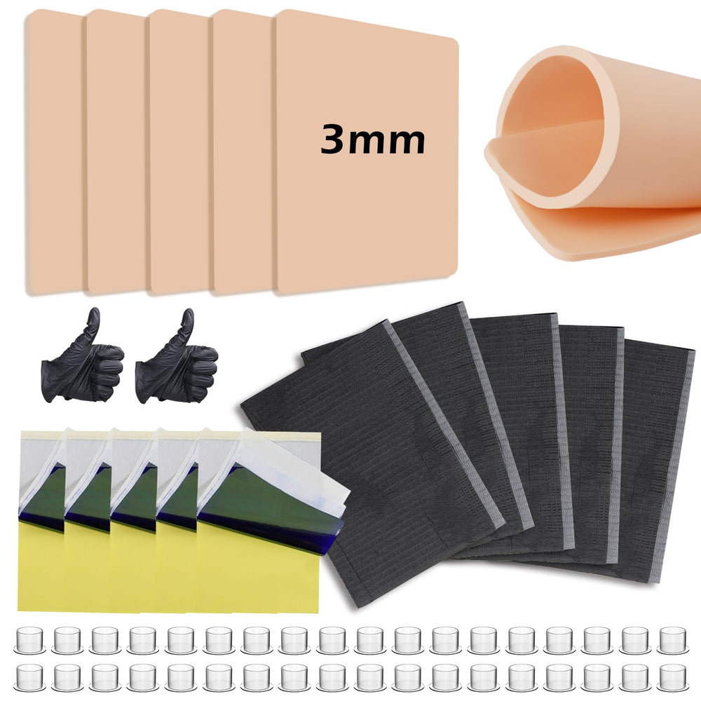 Jconly professional tattoo kit skin setup showing realistic 3mm thickened fake skin for safe depth practice.