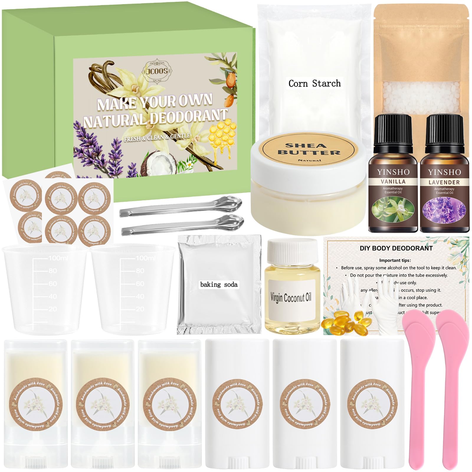 JCOOS deodorant making kit ingredients laid out for natural DIY care.