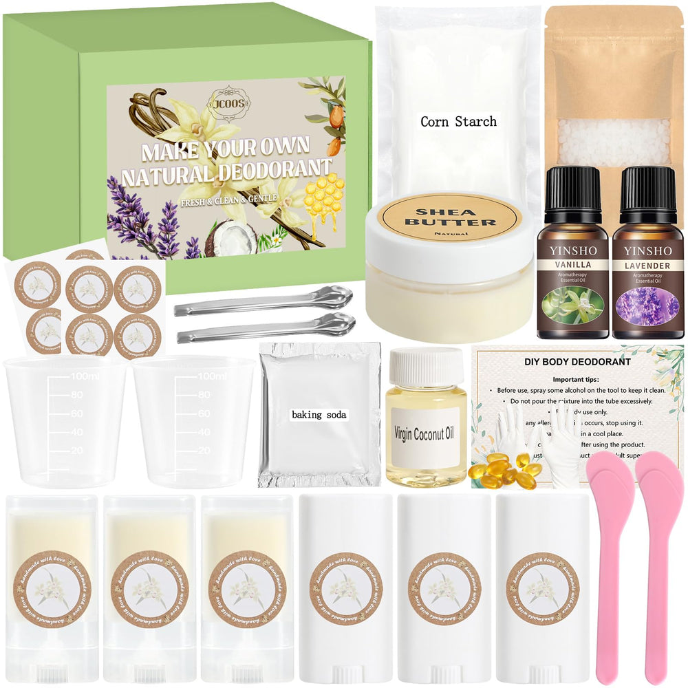JCOOS deodorant making kit ingredients laid out for natural DIY care.