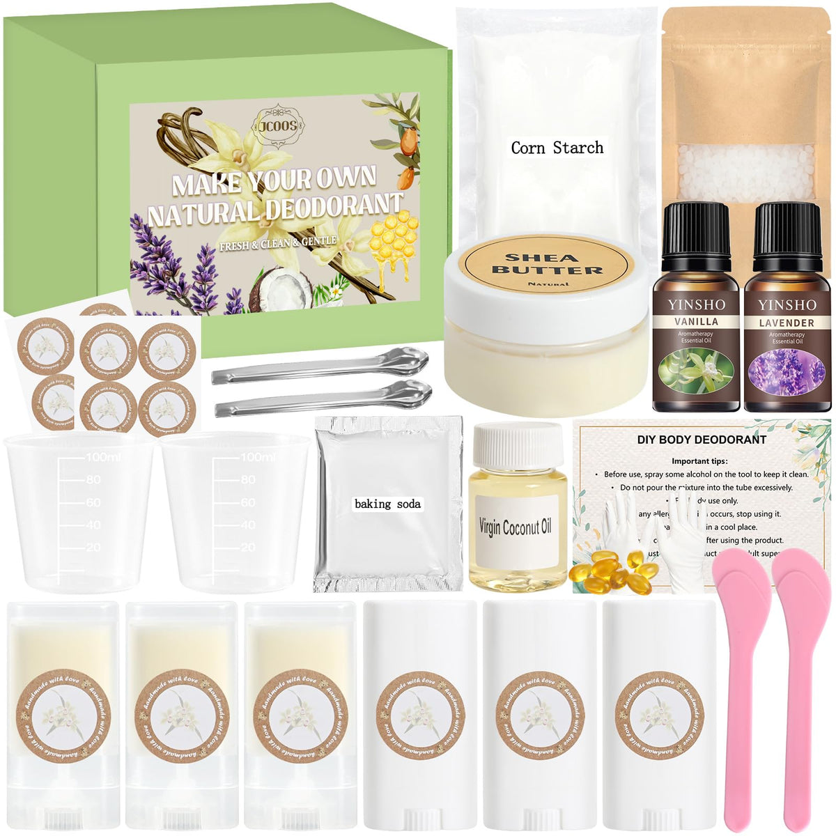 JCOOS deodorant making kit ingredients laid out for natural DIY care.