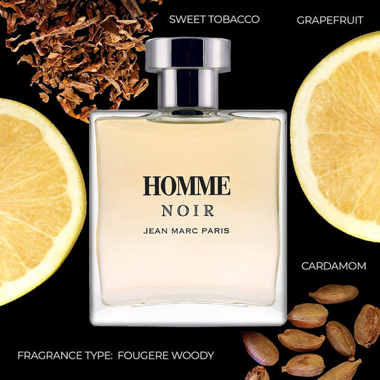 Jean Marc Paris Homme Noir bottle side view highlights the woody fragrance.