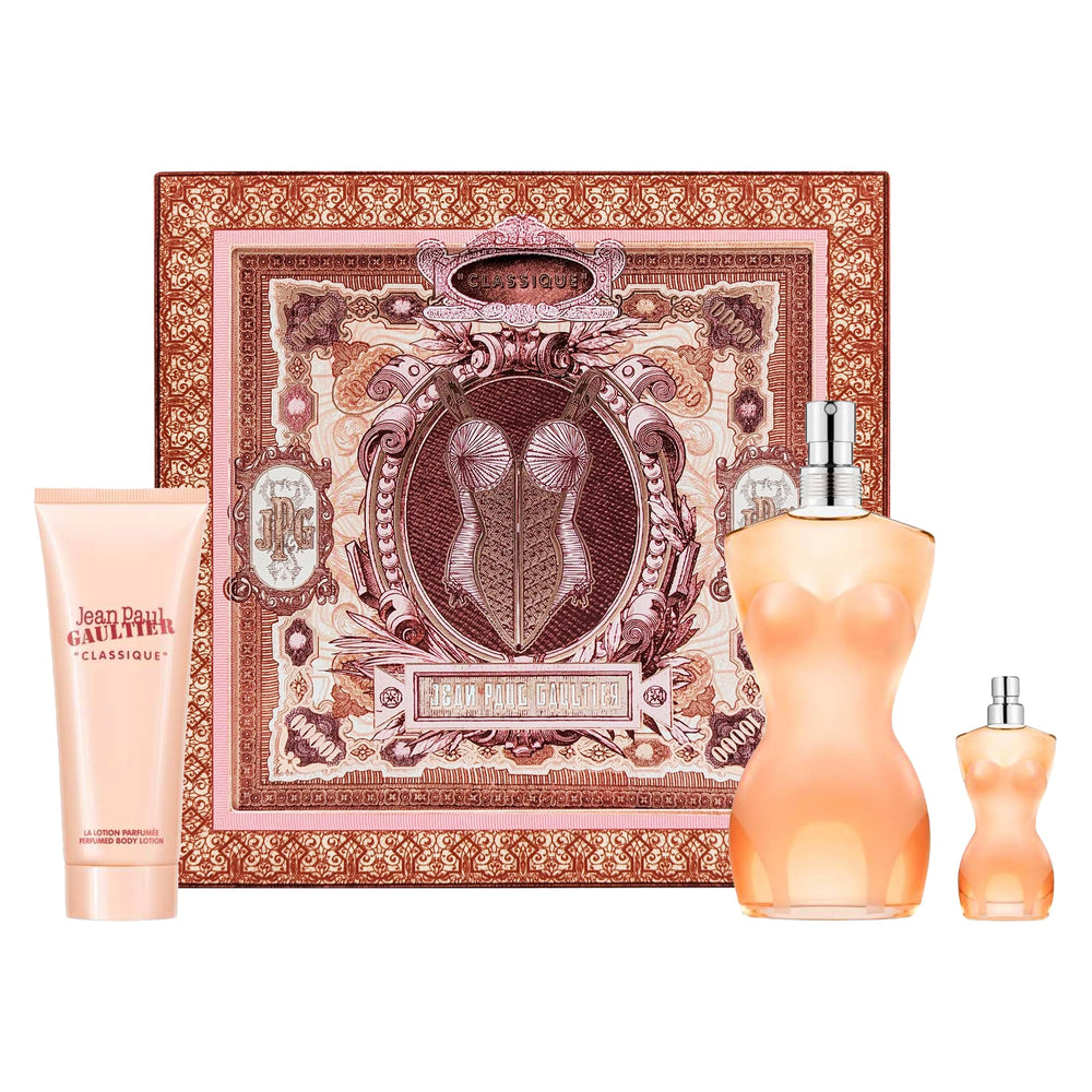 Jean Paul Gaultier Classique gift set image showing fragrance and lotion for daily elegance.