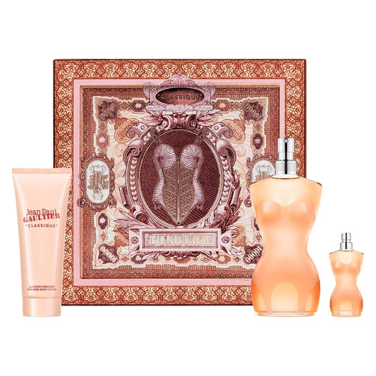 Jean Paul Gaultier Classique gift set image showing fragrance and lotion for daily elegance.
