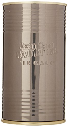 Jean Paul Gaultier Le Male bottle label close-up shows iconic branding.