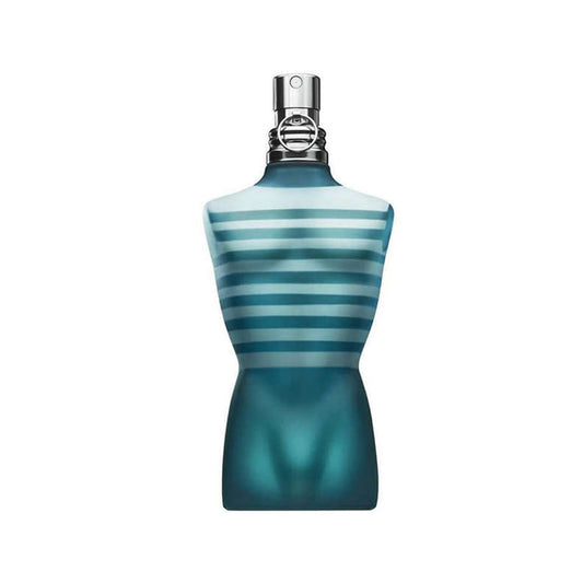 Jean Paul Gaultier Le Male packaging display, premium spray bottle for gift-ready presentation.