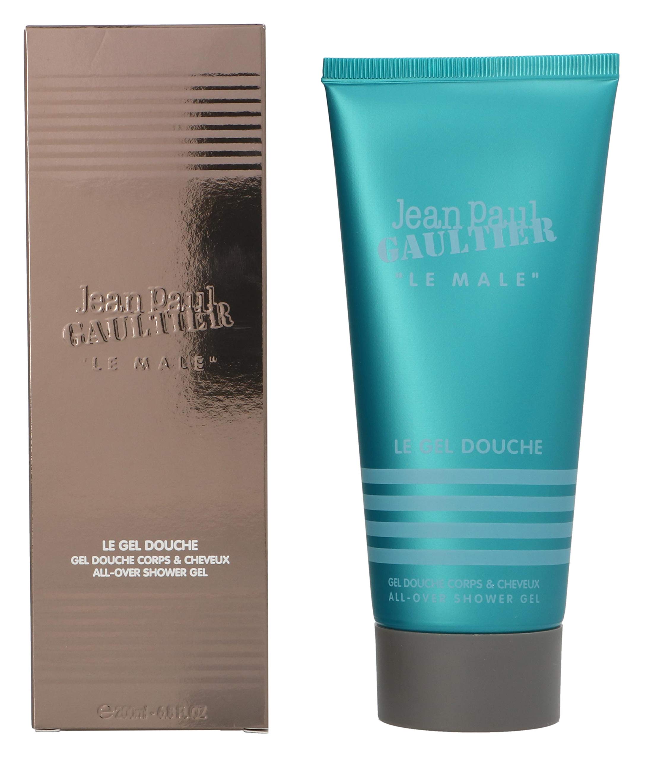 Packaging and bottle of Le Male shower gel on a clean surface.