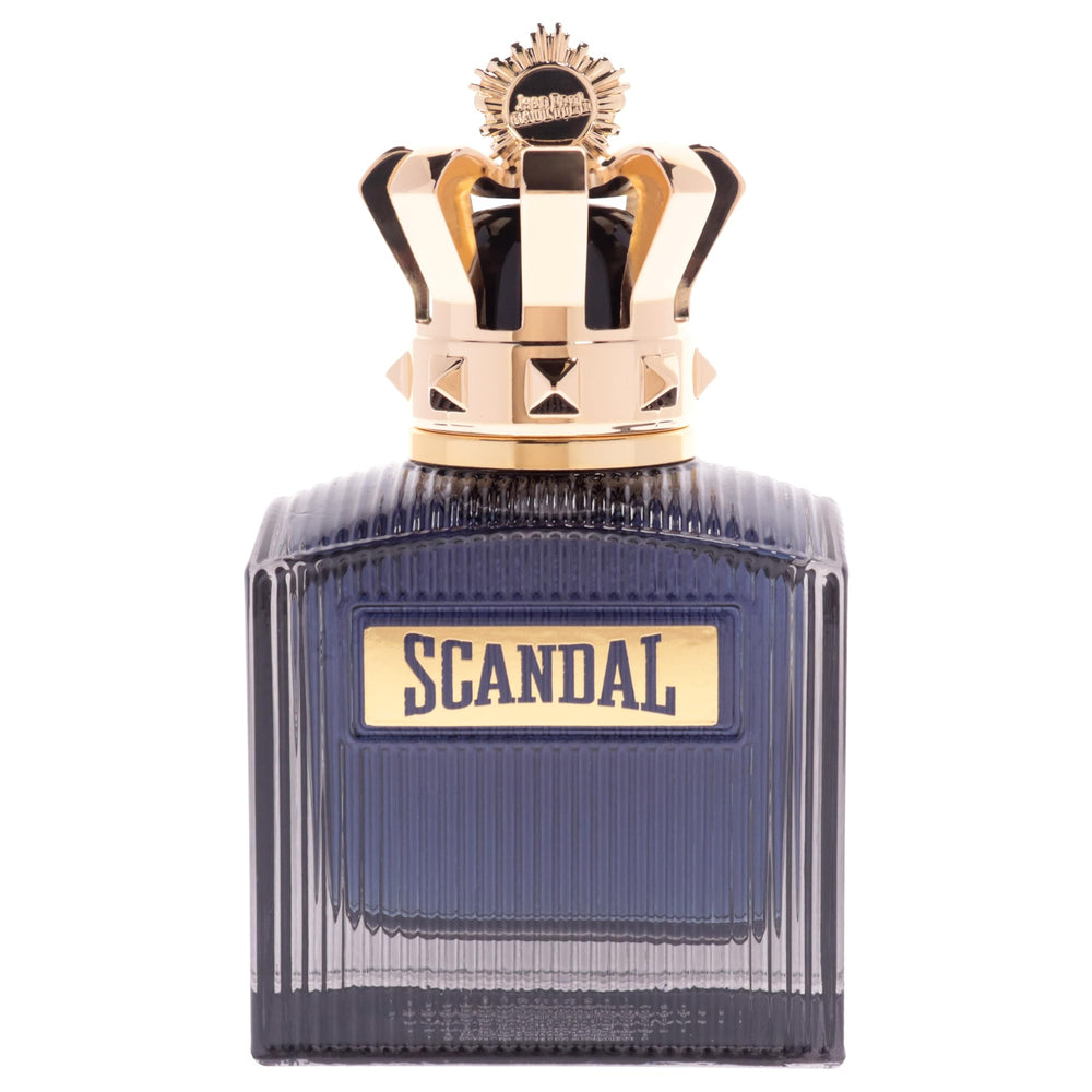 Jean Paul Gaultier Scandal Intense bottle side view, masculine silhouette.