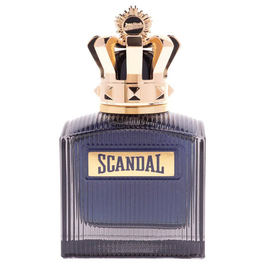 Jean Paul Gaultier Scandal Intense bottle side view, masculine silhouette.