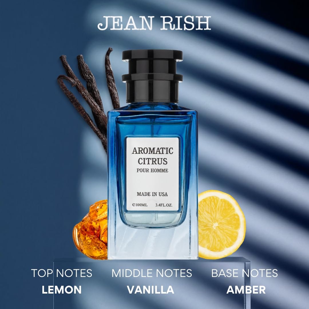 Jean Rish Aromatic Citrus bottle side angle highlights sleek, USA-made silhouette.