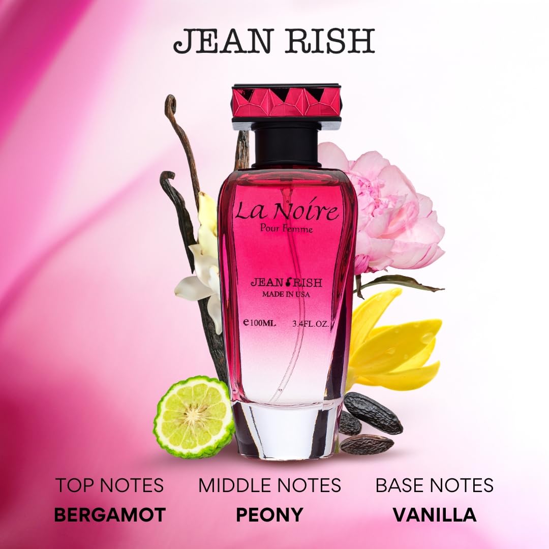 Jean Rish La Noire bottle close-up label shows premium Bergamot-Peony-Vanilla blend.