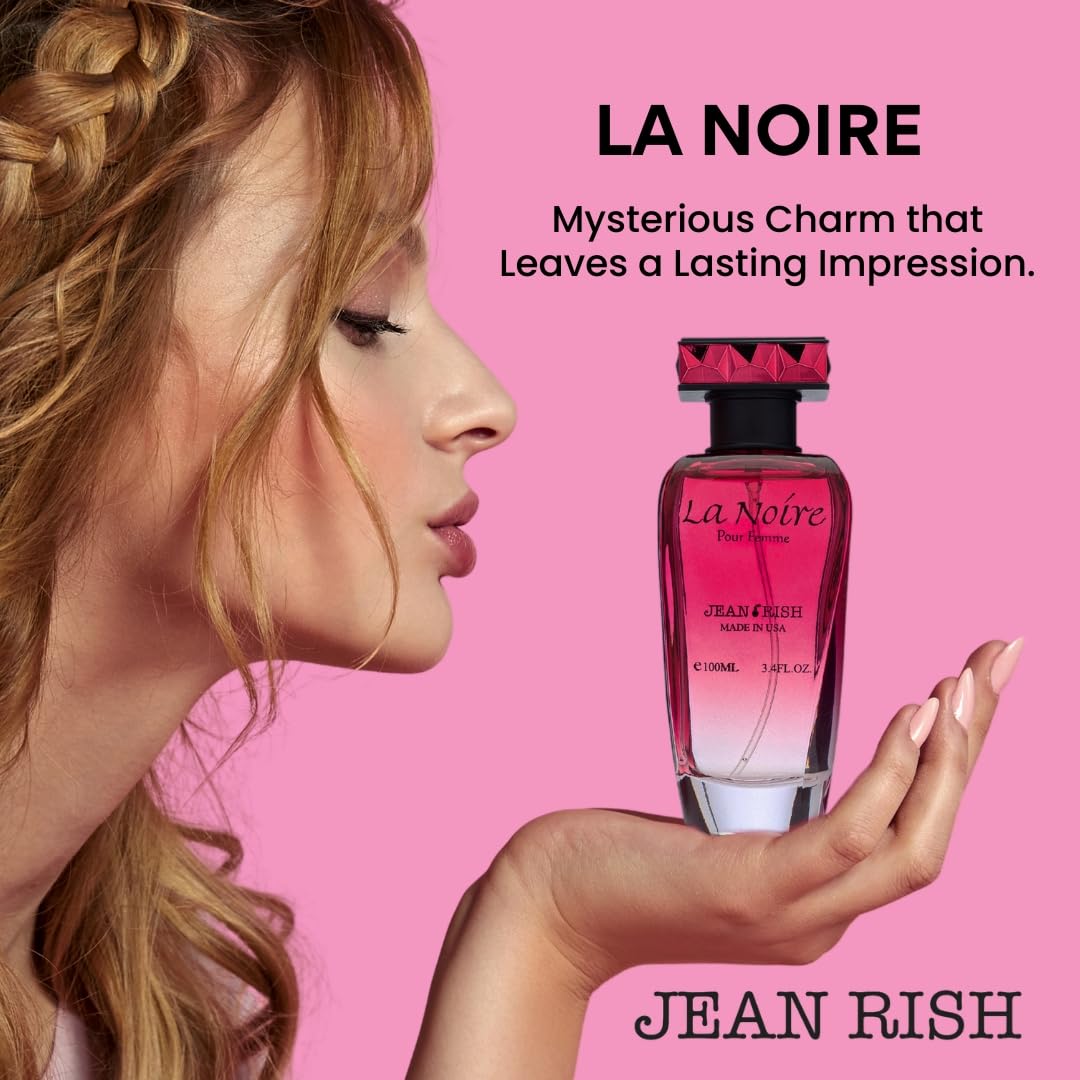 Jean Rish La Noire spray-action image suggests a smooth, long-lasting application.