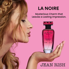 Jean Rish La Noire spray-action image suggests a smooth, long-lasting application.