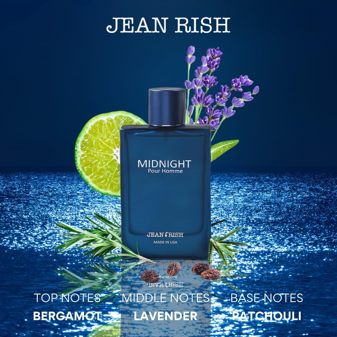 Jean Rish Midnight Pour Homme side bottle view showing elegant silhouette for formal occasions
