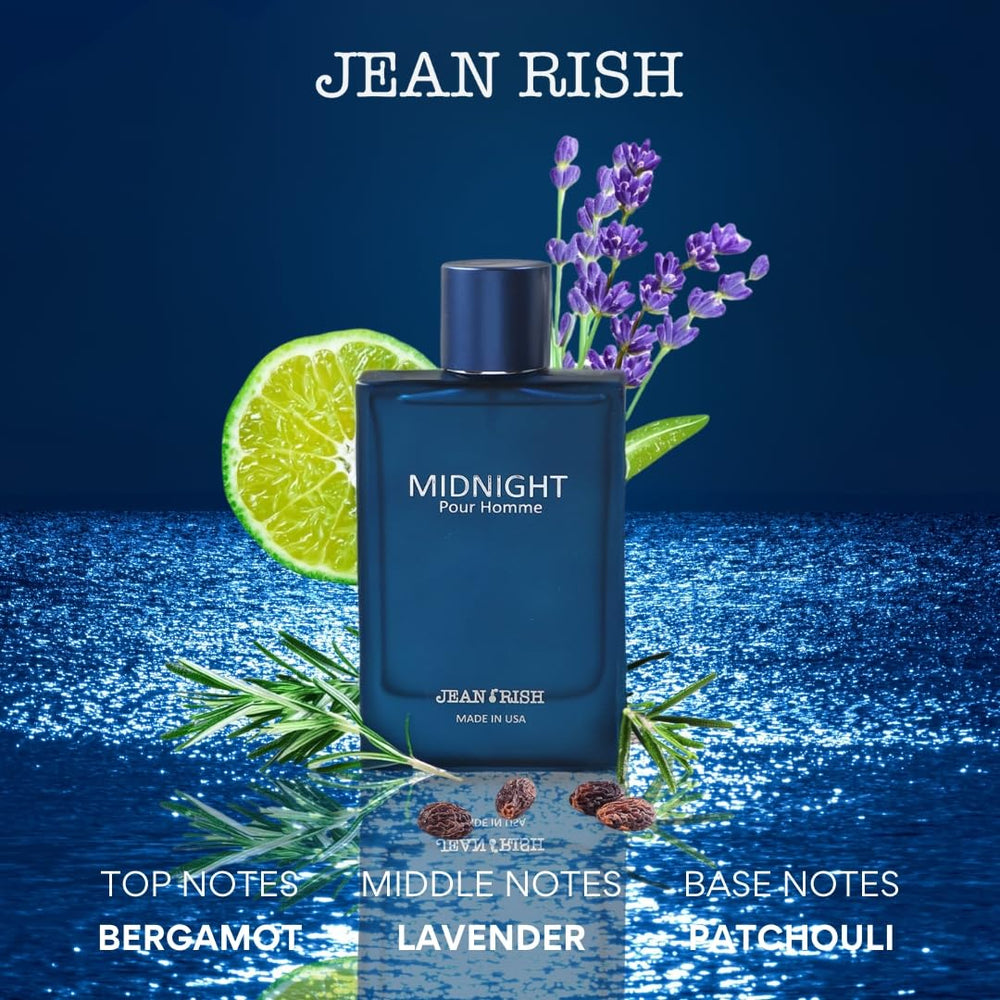 Jean Rish Midnight Pour Homme side bottle view showing elegant silhouette for formal occasions