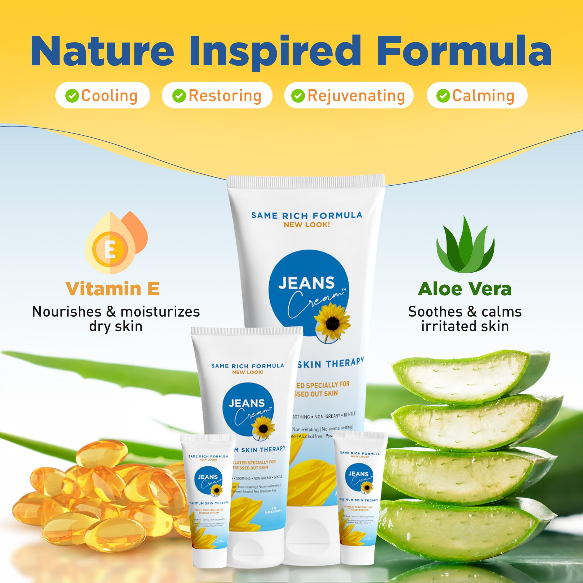 Jeans Cream two-ounce bottle designed for on-the-go relief.