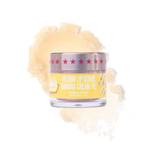 Jeffree Star Velour Lip Scrub banana cream pie jar closeup showing smooth texture