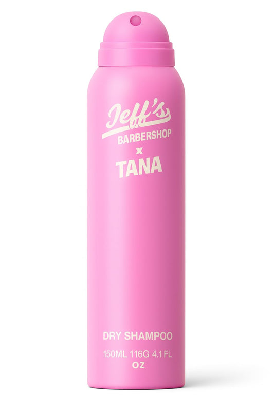 Jeff's Barbershop x Tana Dry Shampoo bottle pour for quick oil absorption.