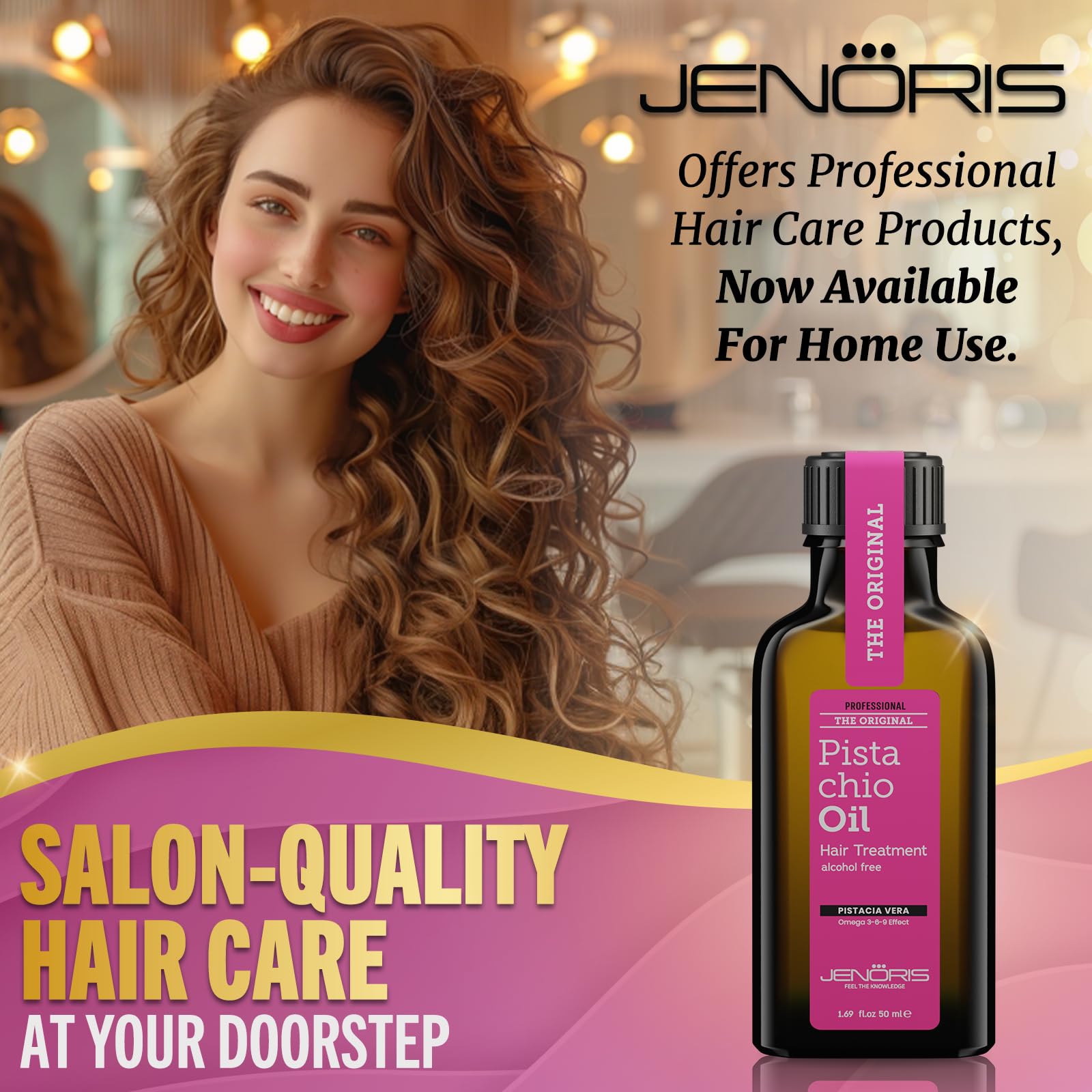 Jenoris Pistachio Oil Serum applying on hands before styling