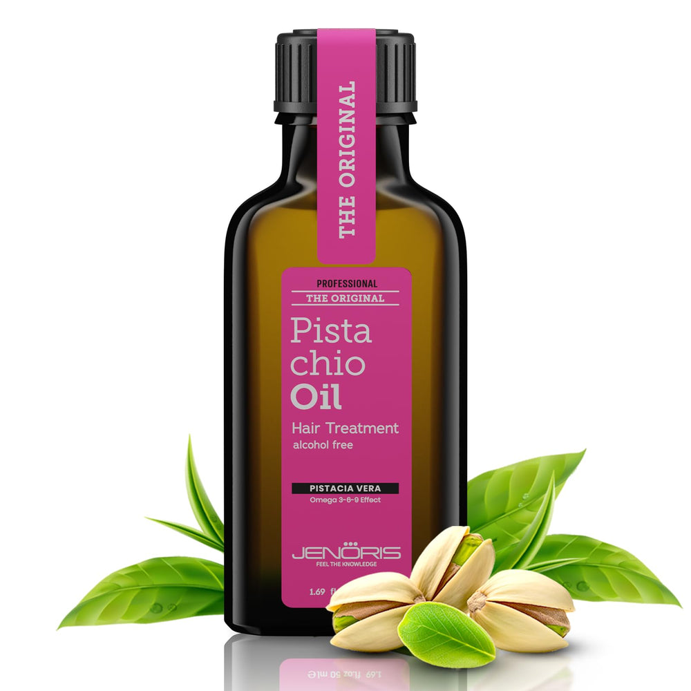 Jenoris Pistachio Oil Serum bottle showing frizz control and high shine