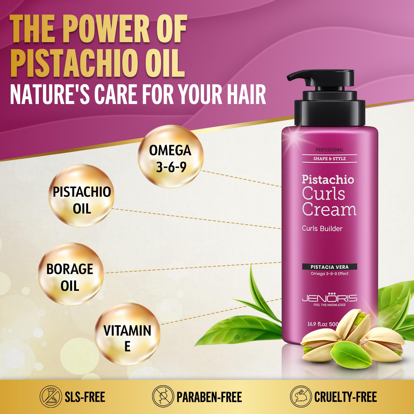 Jenoris Professional Curls Cream dispensing pump shown for quick, even application.