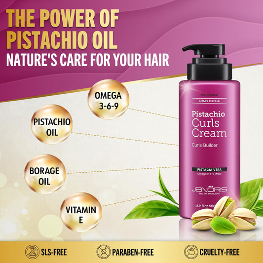 Jenoris Professional Curls Cream dispensing pump shown for quick, even application.