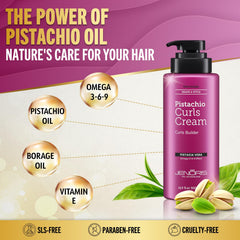Jenoris Professional Curls Cream dispensing pump shown for quick, even application.