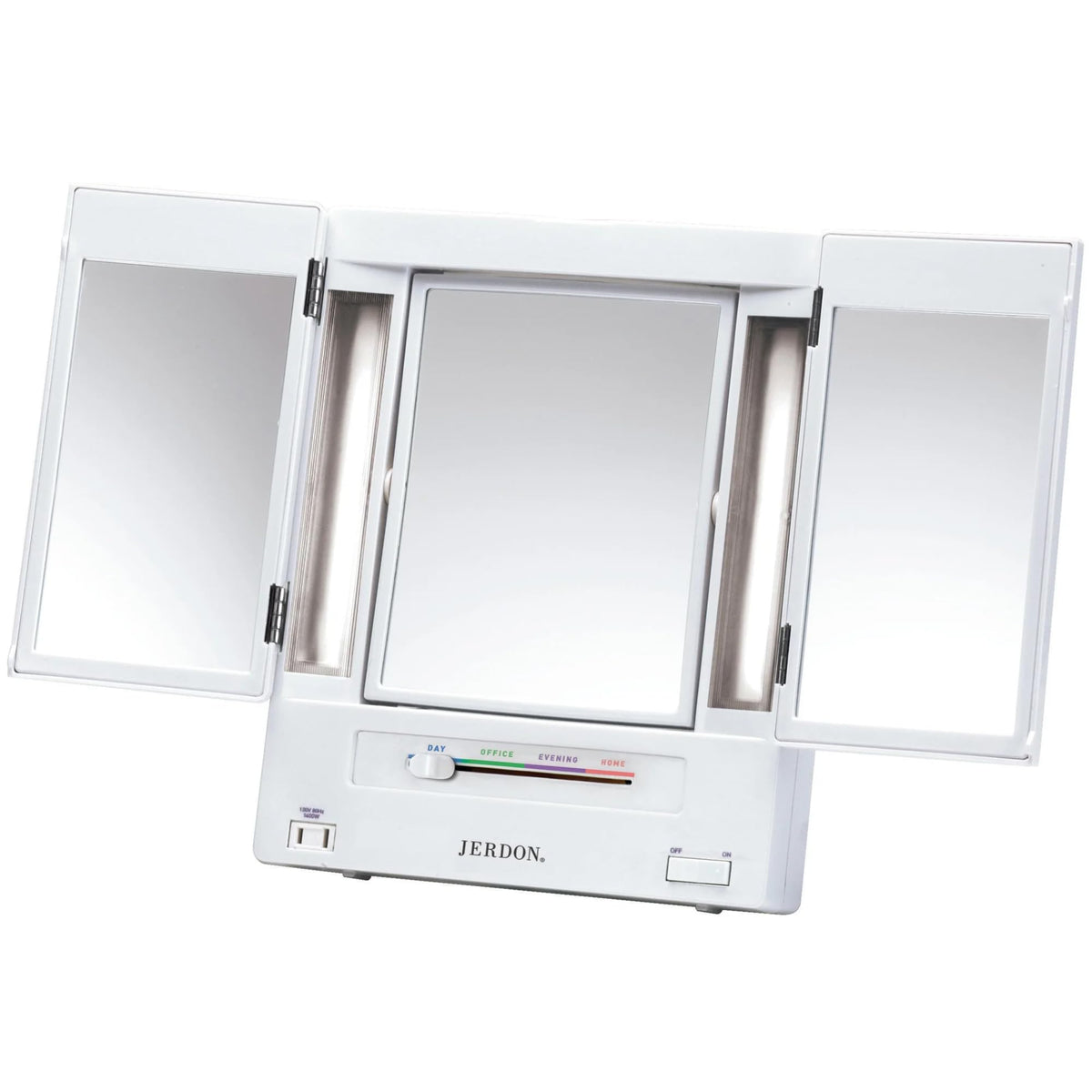 JERDON tri-fold vanity mirror with four light settings for precise daytime makeup.