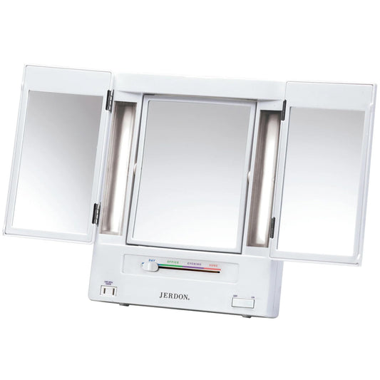 JERDON tri-fold vanity mirror with four light settings for precise daytime makeup.