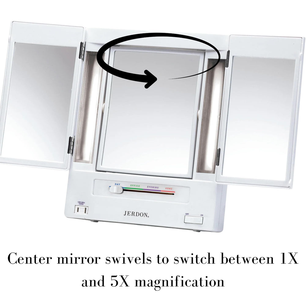 JERDON vanity mirror with built-in outlet powers styling tools.